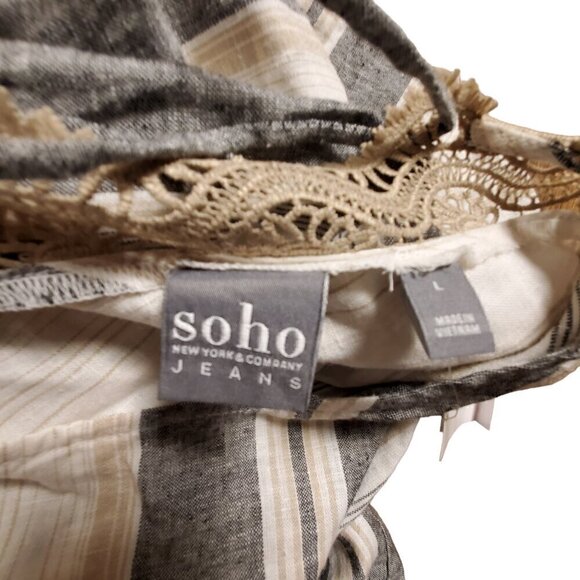 Soho Linen Blend Bohemian Striped Blouse Top Size L Balloon Sleeves Back Tie NWT - Picture 6 of 10